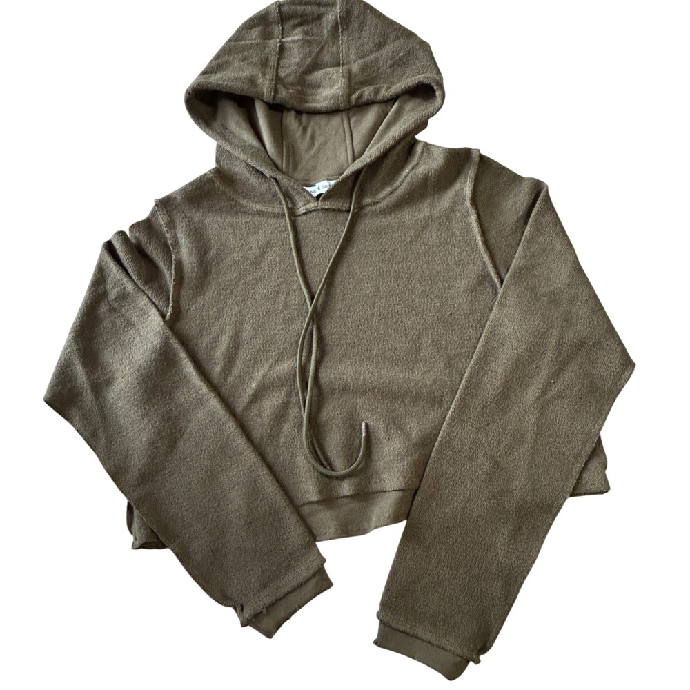 Danielle Guizio Cropped Hoodie Olive Green Raw Hem Sweatshirt Size M